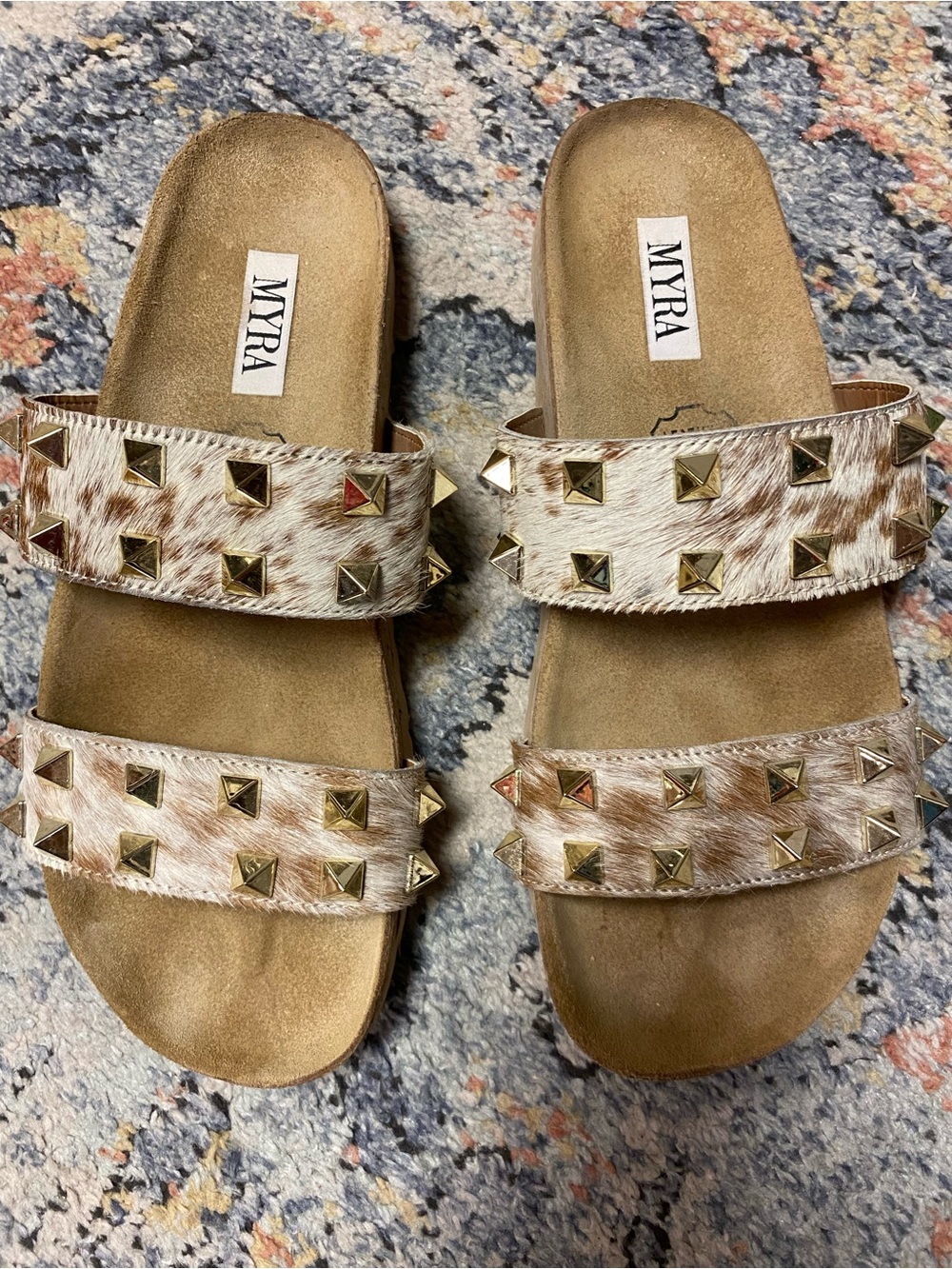 Myra Bag Tan & White Cowhide Studded Slide Sandals